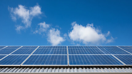Solar Panels on a Roof:Clean energy, sustainability, and eco-friendly living are represented by this image featuring solar panels efficiently harnessing sunlight against a vibrant blue sky.