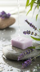 Lavender soap bar with water stream and fresh lavender sprigs on wet stones