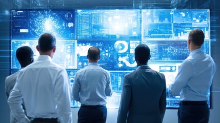 Business team observing large digital displays.