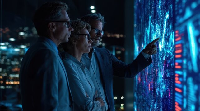 Business team analyzing data on a large screen at night.