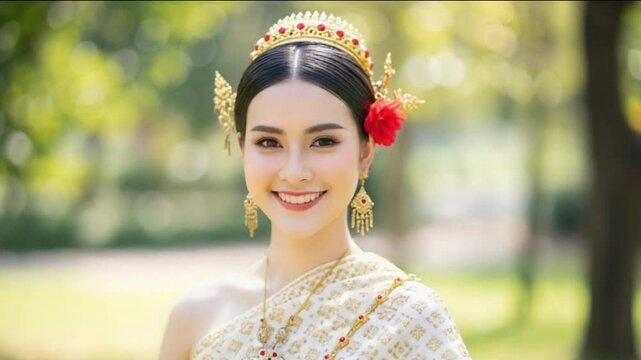 Woman in Traditional Thai Dress Standing Outdoors Elegant Thai Cultural Fashion in Nature Woman in Traditional Thai Dress Standing Outdoors Elegant Thai Cultural Fashion in Nature
