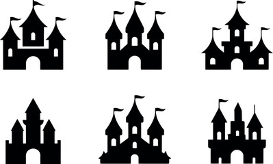 Obraz premium Collection of six black silhouette fairytale castles with flags on white background