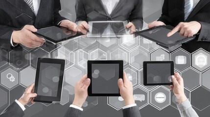 Businesspeople using digital tablets in a collaborative setting.