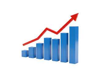3D Blue Bar Chart with Red Arrow Growth on Transparent Background