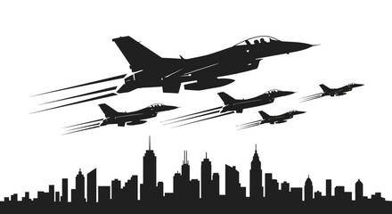 Silhouette of Five Jet Fighters Flying Above City Skyline