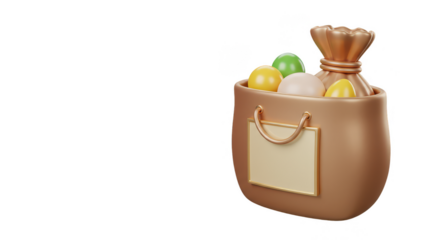 3d Brown Bag Full Easter Eggs Isolated Transparent Background