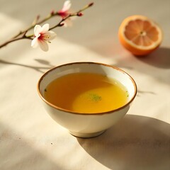 Golden herbal tea in a ceramic bowl beside blossoming almond branch and citrus fruit sunlight