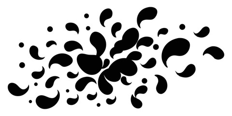 A dynamic cluster of abstract black liquid drops and splatters, varying in size and shape, creating a sense of movement and dispersion.