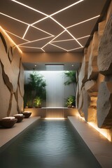 AI, generative. Modern Spa Interior with Cascading Indoor Waterfall and Reflective Pool. 2