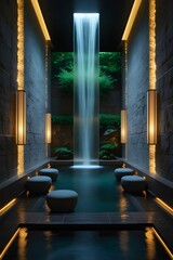 AI, generative. Modern Spa Interior with Cascading Indoor Waterfall and Reflective Pool. 1