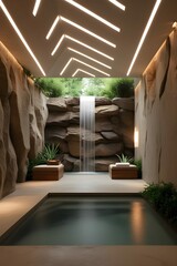 AI, generative. Modern Spa Interior with Cascading Indoor Waterfall and Reflective Pool. 3