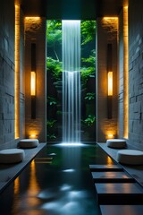 AI, generative. Modern Spa Interior with Cascading Indoor Waterfall and Reflective Pool. 16