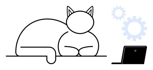 Cat lounging near a laptop with gear shapes, symbolizing productivity, ideas, innovation, balance, creativity, work-life harmony, and technology. Ideal for modern simple flat metaphor