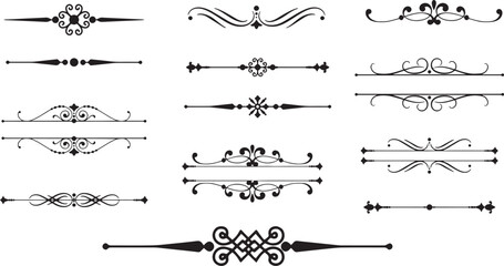 Elegant black vintage ornamental text dividers with flourishes, scrolls, and blank spaces.