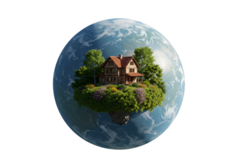 3D Floating House Globe Island Waterscape Isolated Transparent Background