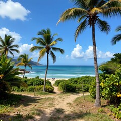 Fototapeta premium this tropical scene depicts a sandy path leading to a beach with turquoise water under a vibrant blue sky dotted with puffy clouds