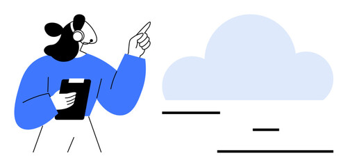 Customer service representative with headset and clipboard pointing at cloud, emphasizing cloud technology. Ideal for support, communication, technology, teamwork, innovation, education, simple