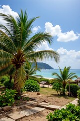 the image captures a serene tropical landscape featuring a sandy path leading towards a turquoise ocean view