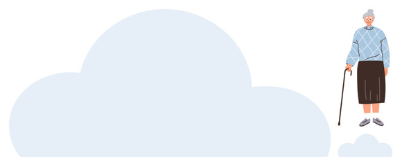 Elderly woman leaning on a cane, positioned near a large cloud. Ideal for aging, wisdom, reflection, nostalgia, memory, dreams and transition concepts. Minimalist flat metaphor