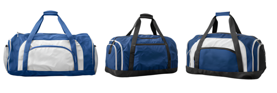 3 white and blue sports bags, PNG transparent background