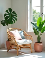 Rattan chair in sunlit room with tropical plants offering a relaxing home decor and interior design scene.