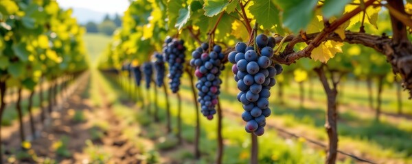 the image shows a vineyard with rows of grapevines stretching into the distance. hanging from the vines are bunches of dark, ripe grapes ready for harvest