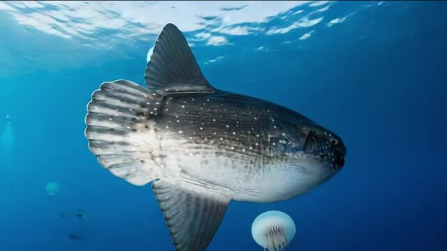 Ocean Sunfish (Mola Mola) Swimming in Open Water &ndash; Rare Marine Species in Natural Habitat