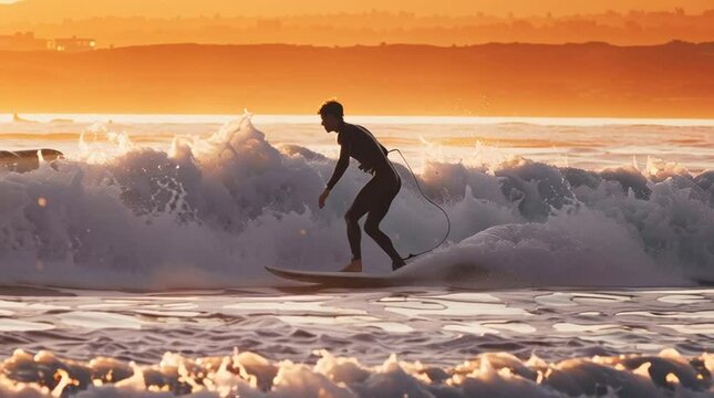 Surfer Catching the Wave: A silhouette of a surfer expertly rides the crest of a wave as the sun sets, creating a dramatic display of nature's power and the surfer's skill.