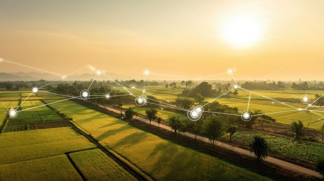 Aerial view of agricultural fields with interconnected network graphic.