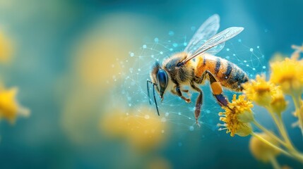 Honeybee in flight, detailed view with data visualization.