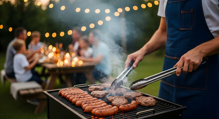 A man grilling delicious food at a vibrant summer backyard barbecue party with friends and family.