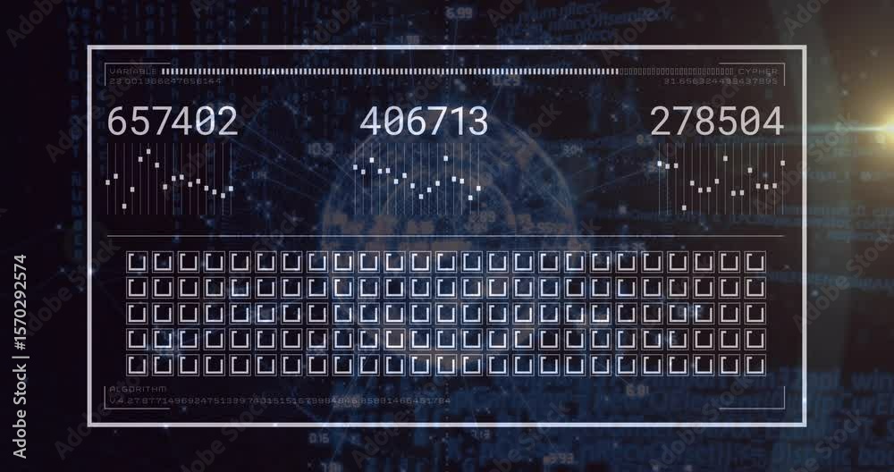 Poster on activation hud frame materializing while globe appearing and displays updating to show live data