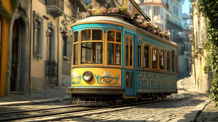 Charming Yellow and Blue Tram on Historic European City Street
