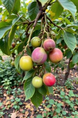 the image captures a cluster of fruit hanging from a tree branch amidst lush green foliage