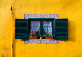 Green shutters framing a window with flower pots and sheer curtains. Set against a vibrant yellow wall. Create a picturesque scene in Tarouca. Portugal. Showcasing traditional Portuguese architecture