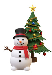 3D Rendering Snowman with Christmas Tree Holiday Festive Decoration