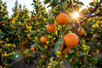 this photograph displays a cultivated grove during daylight. a close branch holds several vivid fruits amongst vibrant green leaves, with sunlight shining through