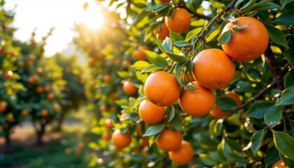 the image showcases an orchard filled with fruit trees. the foreground features branches heavily laden with round, orange colored fruits
