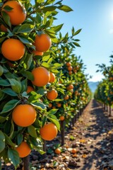 the image showcases rows of trees laden with round, orange fruits, each surrounded by lush green leaves