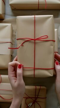 A person's hands hold a carefully wrapped gift amid a collection of similarly packaged presents. The gifts are wrapped in simple brown paper, tied with red string.