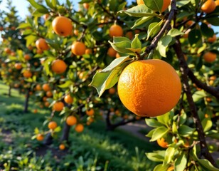 the image shows a vibrant orchard setting with a row of trees heavily laden with bright orange fruit