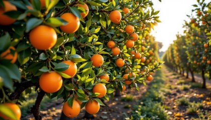 the image shows a lush grove filled with fruit bearing trees. rows of trees stretch into the distance, heavily laden with bright orange spheres nestled amongst green foliage