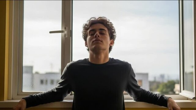 Student Breathing Deeply at Open Window &ndash; Quiet Moment of Mental Reset