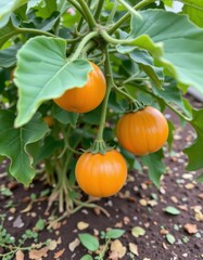 the image captures a close up view of a plant bearing several vibrant, orange colored fruits, each appearing round and smooth
