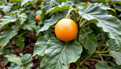 the image features an orange spherical fruit nestled among broad, textured green leaves. the leaves have wavy edges and prominent veins, giving them a corrugated appearance