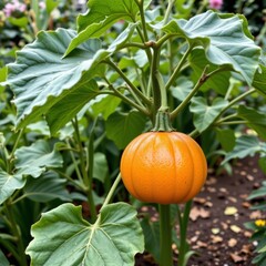 the close up shows a small, round, orange vegetable growing in a garden. the vegetable is suspended from a green stem surrounded by large, leafy green foliage