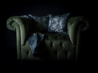 Dark green velvet chaise lounge with patterned cushions.