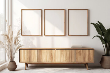 Three blank wooden picture mock up frames on a white wall above a wooden sideboard in a minimalist living room with natural decor elements