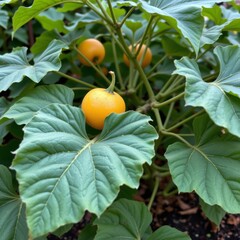 the image showcases a cluster of vibrant yellow, round fruits nestled among large, green leaves with prominent veins