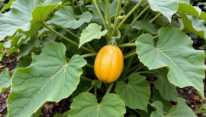 the image features a vibrant plant with an eye catching, bright yellow fruit at its center